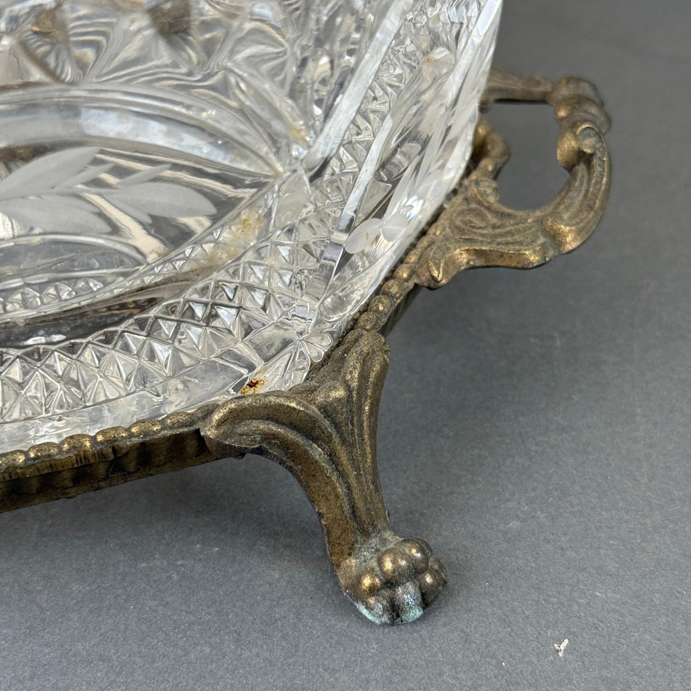 Vintage Cut Crystal Glass Bowl Ornate Metal Stand Claw Paw Feet Candy Dish - Picture 6 of 12